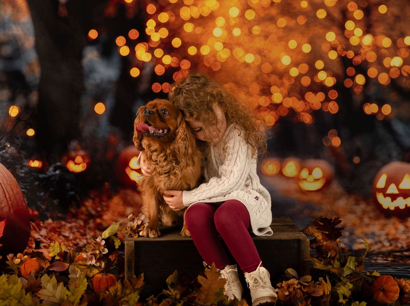 Girl hugging her dog among pumpkins and autumn lights