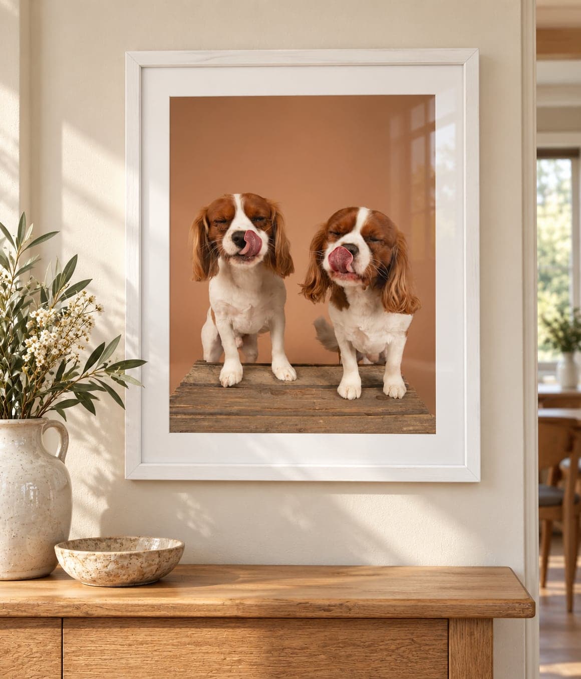 Framed portrait of two Cavalier King Charles spaniels hanging above a sideboard