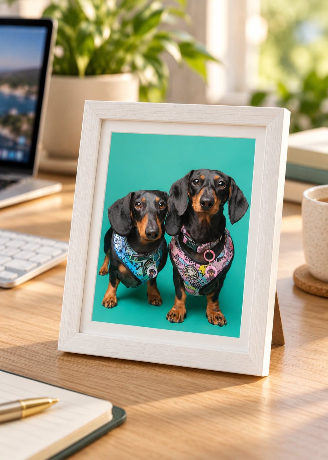 Small framed print of two dachshunds standing on a desk