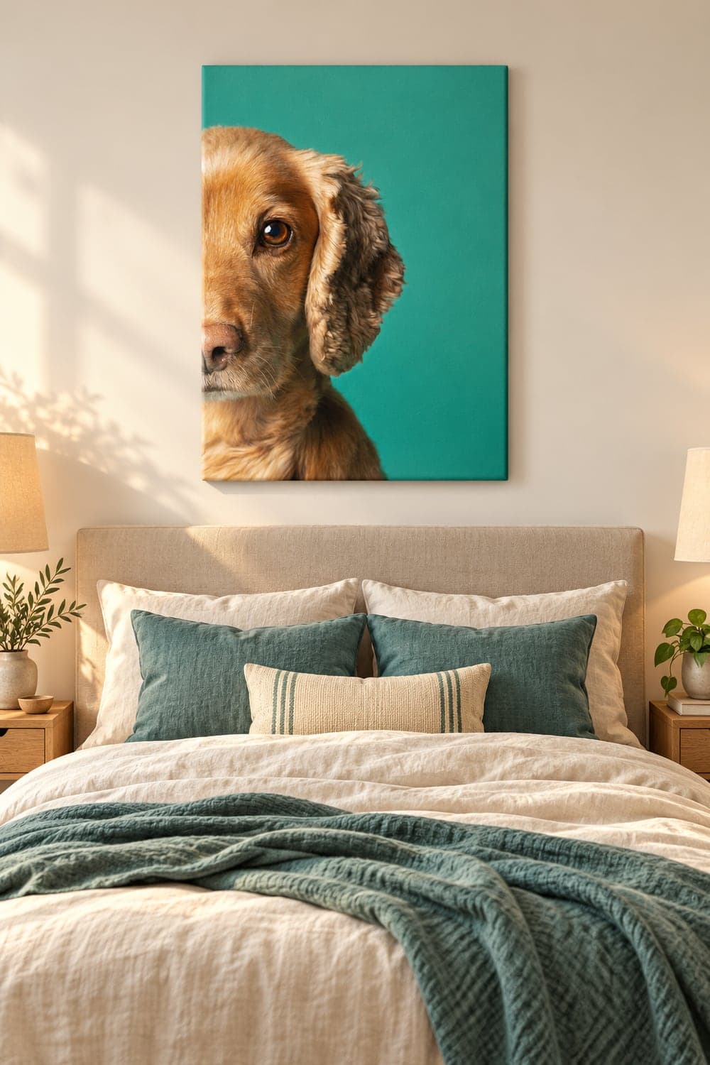 Canvas print of a golden spaniel hanging above a bed